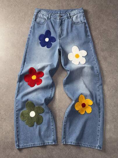 ROMWE MEN Men's Floral Embroidered Pocket Wide Leg Loose Casual Jeans