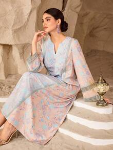 Al Najma Romantic Floral Lace Patchwork Loose Fashionable Dress For Women - Champagne - View 4
