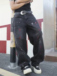 Manfinity EMRG Men's Black Distressed Denim Wide Leg Jeans, Casual Street Style - Black - View 5
