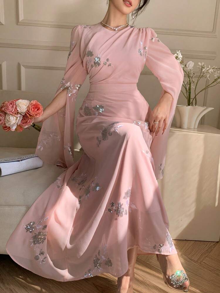 Women's Elegant Sequin Floral Pleated Tie-Waist Mid-Length Dress, Spring/Summer,Wedding Guest Dress Women Maxi Dress Sundress