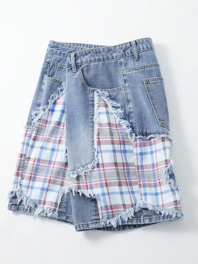 ROMWE MEN Street Life Men's Patchwork Five-Pointed Star Frayed Plaid Loose Casual Denim Shorts