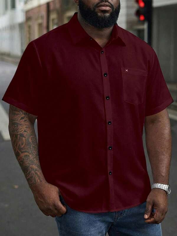 ResortEase 大码男士纯色前扣休闲短袖衬衫，夏季
