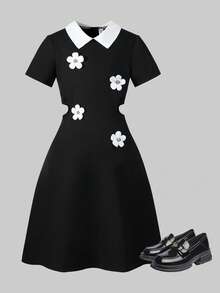 ChillGRL Teen GirlCollared A-Line Maxi Dress, Elegant High Waist Snug Fit, Fashionable & Charming, Hollow Out Design, Summer - Black - View 1