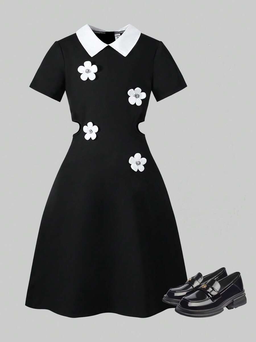 ChillGRL Teen GirlCollared A-Line Maxi Dress, Elegant High Waist Snug Fit, Fashionable & Charming, Hollow Out Design, Summer - Black - View 1