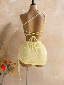 Soleia Conjunto de top camisola asimétrico de cuello de halter y textura de punto cruzada + falda ajustado de cintura con cordón y textura de punto para vacaciones - Mostaza Amarilla - Ver 2