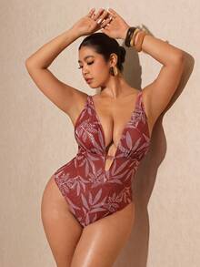 Elaquor Plus Size Summer Vacation Beach Plant Print Deep V-Neck Backless One-Piece Swimsuit - Multicolor - View 5