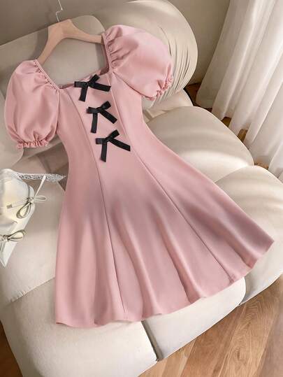 SHEIN 1pc Girls' Spring/Summer Fashion New Casual Commuter Knit Fabric Bow Decor Square Neck Puff Sleeve Pink Fitted Dress, Elegant Everyday Wear