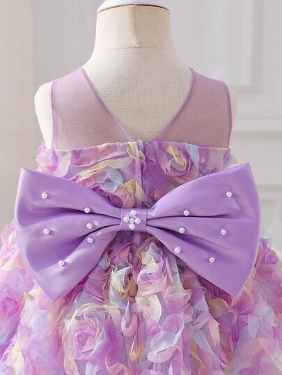 SHEIN Glamorique Kids Baby Girls' Purple 3D Floral Dress, Colorful Embroidered Tulle & Satin Puff Sleeve Dress With Bow Back, Beaded Rose Flower Pageant Gown For Wedding, Birthday, Party
