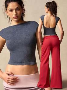 VARSIVA Women's Ribbed Knit Backless Fitted Cropped Sports T-Shirt - Black - View 13