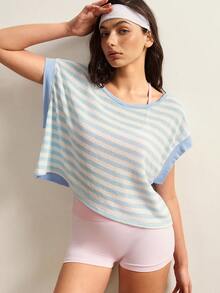 VARSIVA Women's Striped Round Neck Backless Bat Sleeve Sports T-Shirt - Multicolor - View 6