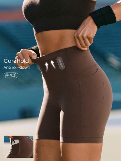 GLOWMODE 4.3" CoreHold FeatherFit™-Sculpt Pavement Pusher No Front Seam Corset Support Tummy Control Biker Shorts With Side Pockets Non-Slip Strips Medium Impact Running Jogging Training Gym Workout