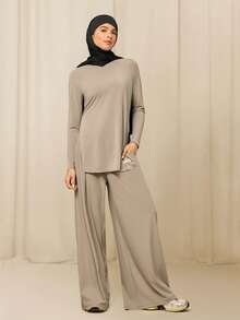 GLOWMODE X Reem Modest Tencel™ Modal All-Day Ease Silky-Soft Smooth Stretchy Lightweight Side-Split Hem Mid-Length T-Shirt Daily Casual Wear - Khaki - View 6