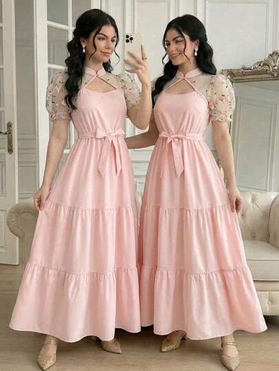 Teen Girl Casual Elegant 3D Floral Embroidery Mesh Patchwork Stand Collar Waist Ruffle Hem Dress, Pink