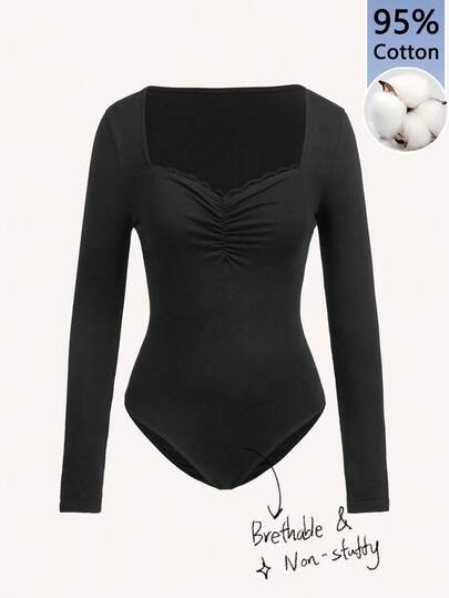 Tseoso 95% Cotton Women's Sweethearts Neck Black Winter Ruched Bodysuit With Lace Trim. Slim-Fitting And Sexy, Suitable For Daily Wear, Commuting, Home, And Layering. Versatile And Stylish For Dates And Formal Occasions. Casual