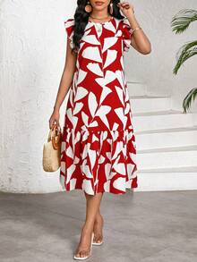 SHEIN Lady 女士中长连衣裙，时尚夏季女装，优雅大方 - 紅白色 - 查看 5