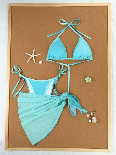 Swim Mod 2026 Spring/Summer Spaghetti Strap Blue Ombre Halter Neck Side-Tie Thong Bikini Set With Random Ombre Print Mesh Side Openings, Suitable For Beach Photography Turquoise Bathing Suit