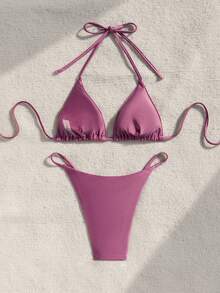 Swim Vcay 2026春夏紫色亮面细肩带侧高衩系带比基尼两件套泳衣套装（女款） - 紫色 - 查看 2