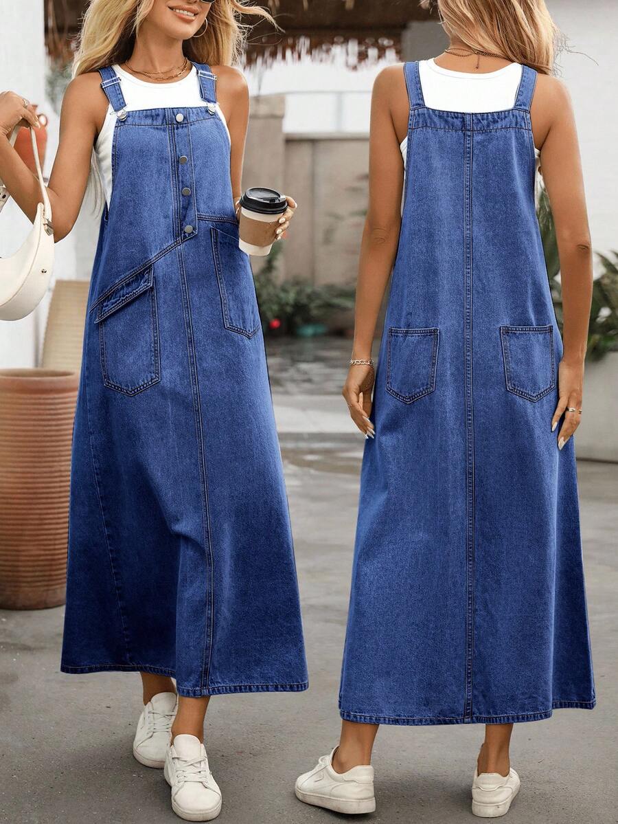 EMERY ROSE Women's Button Front Pocket Design Casual Denim Pinafore Dress - Blue - View 1