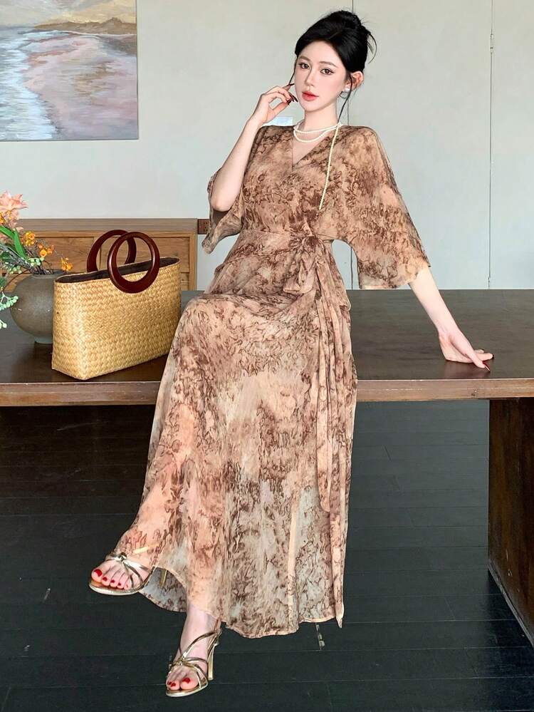 Women's Summer Casual Vacation Style Allover Print Surplice Neck Wrap Tie Waist Dress Sundress