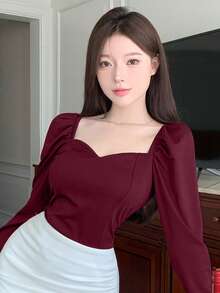 DAZY 女款優雅心形領羊腿袖修身上衣，適合上班通勤，春夏/秋冬長袖婚禮賓客禮服 - 酒紅色 - 查看 3
