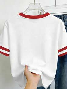 EMERY ROSE Kaos Wanita Motif Ceri, Kaos Lengan Pendek Leher Bulat Longgar, Cocok untuk Dipakai di Musim Semi dan Musim Panas. - Putih - View 2