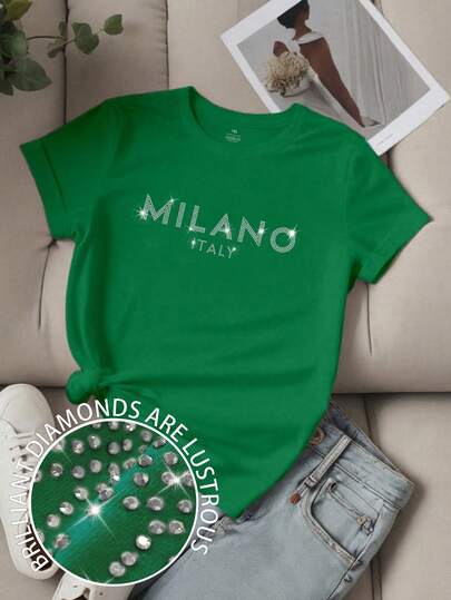 EMERY ROSE Plus Size Women's Slogan MILANO ITALY Letter Printed T-Shirt Short Sleeve Casual Top MILAN ITALY Graphic Tees Women Tops