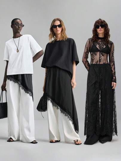 Ontre 蕾丝女士黑色缎面弹力面料舒适不对称下摆吊带长款上衣，现代都市休闲商务时尚办公室着装，复古邮轮婚礼宾客礼服，圣诞节晚宴新年节日派对氛围。