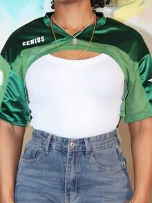 Steph T 女士网眼拼接缎面印花短袖短款绿色上衣 - 綠色 - 查看 4