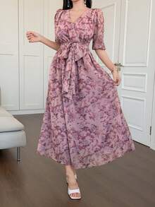 DAZY Women's V-Neck Waist Cinched Floral Print Long Dress Sundress Summer - Pink - View 4