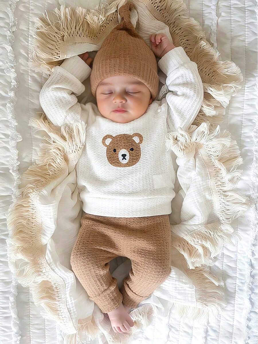 SHEIN Cute Little Bear Head Pattern Printed Flowered Shoulder Newborn Shooting Clothing - Boys' And Girls' Tops, Pants And Hats Three Pieces Set - Baby Clothing For 1 Month To 100 Days Of Age For Photo Studio Photography. - Khaki - View 1