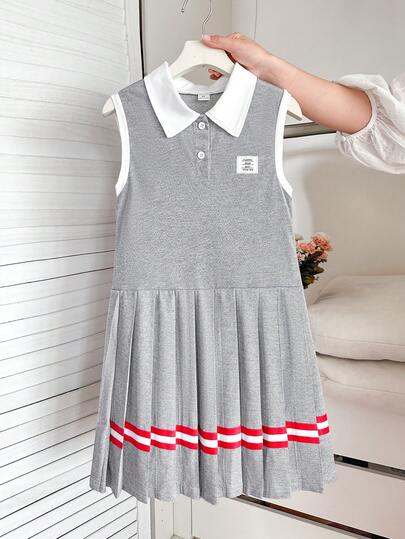 SHEIN Vintaside Kids Tween Girl Summer Grey Polo Collar Sleeveless Dress With Pleated Hem. Fashionable And Versatile, With A Classic Academic Style.