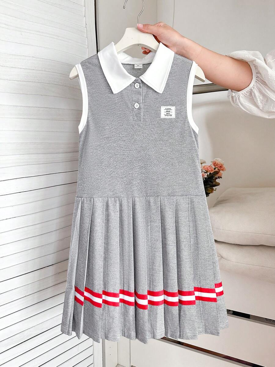 SHEIN Vintaside Kids Tween Girl Summer Grey Polo Collar Sleeveless Dress With Pleated Hem. Fashionable And Versatile, With A Classic Academic Style. - Grey - View 1