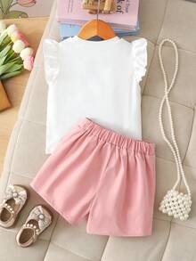 Elladie kids 4-7Y Girls 2pcs Set: Cute Bow Decor Beaded Cap Sleeve Top & Elastic Waist Beaded Slit Shorts, Suitable For Daily Life, Parties And Other Occasions - Baby Pink - View 2
