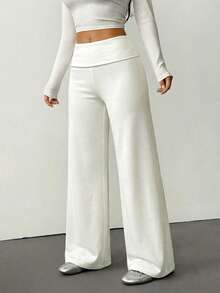 SHEIN PETITE Women's Solid Color Fold-Over Waist Wide-Leg Loose Casual Pants Sweatpants, All-Match Home Wear For Autumn And Winter - White - View 6