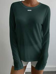 Livesso Áo thun nữ màu trơn, thích hợp cho thể thao, tập thể dục, kỳ nghỉ, mùa xuân, mùa hè, mùa thu. - xanh quân đội - Xem 3