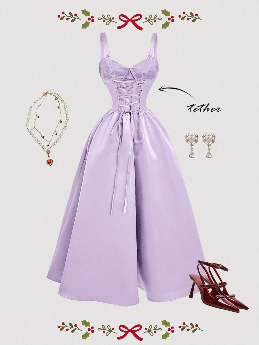 SHEIN MOD Đầm hai dây buộc dây phía sau, vạt xòe. - Màu tím - Xem 1