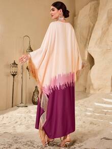 Al Najma Women's Ombre Casual Elegant Asymmetrical Tassel Batwing Sleeve Arabic Style Dress - Coral Pink - View 2