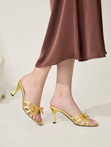 CUCCOO CHICEST Women's Shoes Classic Fashion Simple Black Patent Leather Stiletto Mule Sandals, Cross With Bow Women's Shoes, Commuting Versatile High Heels, Sexy And Elegant Wear Wedding Shoes Spring Shoes Bride Shoes - Gold - View 4