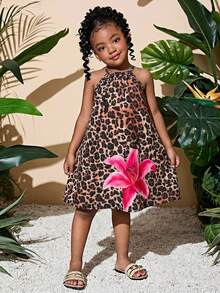 SHEIN 女童豹纹编织套头无袖休闲连衣裙 - 卡其色 - 查看 3