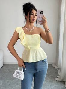Elenzga Áo kiểu nữ thanh lịch, giản dị, màu trơn, viền bèo nhún, phong cách tối giản, phù hợp cho các buổi hẹn hò, tiệc sinh nhật, đám cưới, các sự kiện tựu trường, trang phục nữ mới. - Màu vàng ngỗng - Xem 3