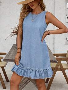 EMERY ROSE Women's Round Neck Casual Denim Dress With Ruffle Hem And Button Back Design, Sleeveless - Light Wash - View 3