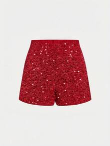 SHEIN 少女亮紅色短褲，節日穿搭，日常百搭，亮片厚實面料 - 紅色 - 查看 2