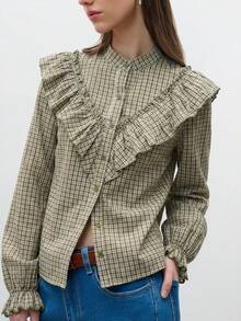 Nöista Women's Fitted Peter Pan Collar Gingham Shirt - Olive Green - View 3