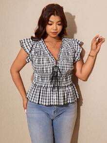 Elaquor 大码夏季休闲格子系带荷叶边下摆衬衫 - 黑與白 - 查看 6