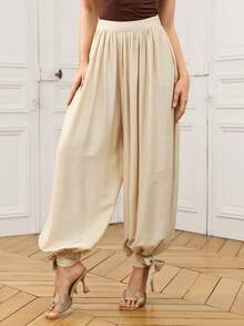 LOTSLUV Calça Longa Casual de Verão com Cordão no Tornozelo, Calça Leve e Fluida para Férias, Primavera/Verão - Damasco - Visão 1