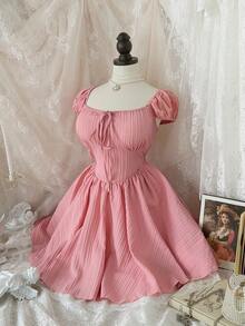 Flirla 大码花卉拼接荷叶边收腰迷你连衣裙 - 藕粉色 - 查看 3