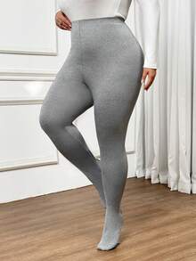SHEIN CURVE+ Plus Size Black Mesh Lined Fleece Leggings, Autumn/Winter - Light Grey - View 7
