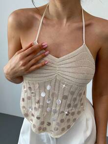 Firerie Women's Elegant Vacation Music Festival Romantic Sequin Crochet Knit Backless Shell Cami Top - Apricot - View 2