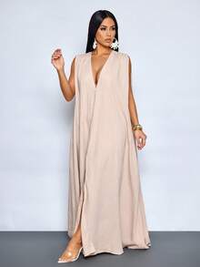 SOLERSUN 女士波西米亚风时尚深V领橘色纹理露背长裙，是热带度假、度假村派对和夏季户外拍照的理想之选。柔软透气的面料，适合度假旅行和夏季晚间活动。 - 卡其色 - 查看 5