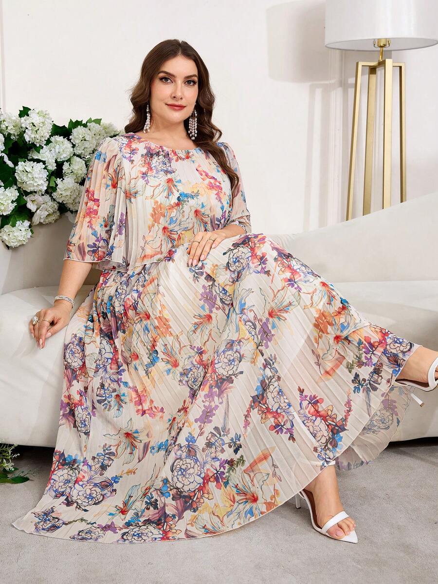 Reflora 大码优雅几何褶皱雪纺夏季连衣裙 - 彩色 - 查看 1